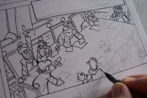 A pen sketch of a comic book panel