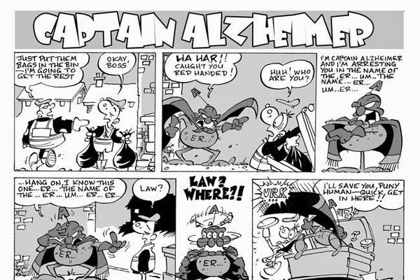 A cartoon strip of a character named Captain Alzheimer