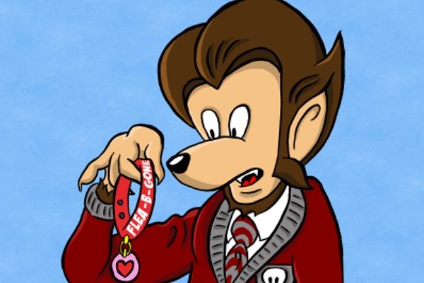 Cartoon picture of a wolfman wearing a sweater and holding a collar