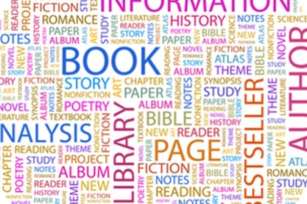 A collage of words associated with books and publishing