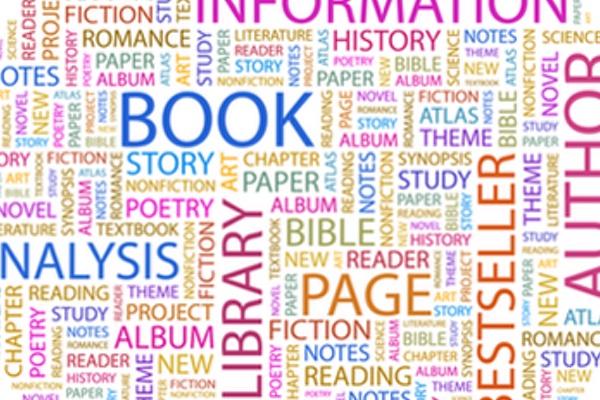 A collage of words associated with books and publishing