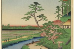 A painting of bonsai trees and a river