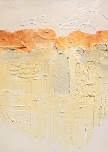 Carolyn Land discusses painting: “I then take my textured surface and bring life to it using a gold wash, like raking away the debris of winter, so the shoots of new growth can be made visible on what was the white surface of the winter landscape. I find the crevices, cracks, plains, and rills.”
