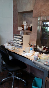 Judy Stone's studio the area for wet application in enameling