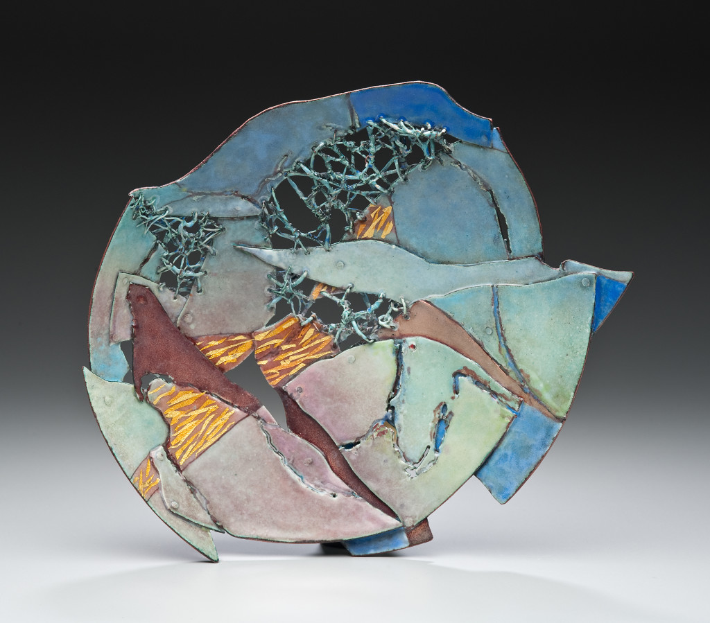 Tactility contributes to the amazing effects in Burnt Offering: Caldera, Judy Stone's enameled copper (11” x 8.5” x 1.25”).