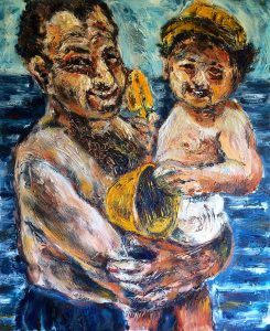 Dad and Yoshi at the Beach 120 X 100 cm. Acrylic on canvas. Illustrates Yossi Waxman's novel excerpt
