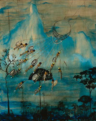 whimsical painting Safety in Numbers oil on wood panel 24” x 30”