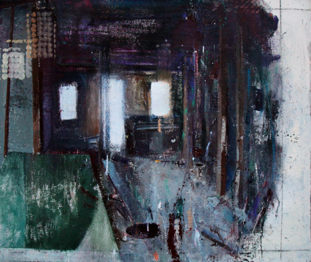 An abstract painting of an open doorway in a shed