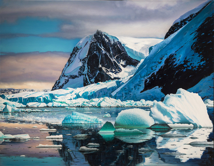 A vibrant painting of icebergs on the coast of the arctic