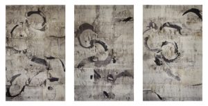 A three-panel print of abstract figures representing birds
