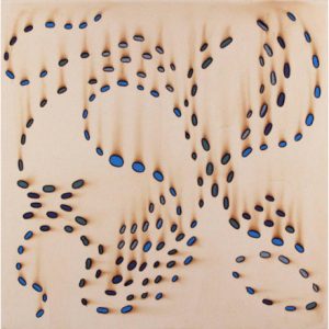 A mixed media painting of blue holes in a pattern on cream paper