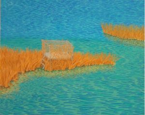 A casein drawing of yellow stalks growing from water