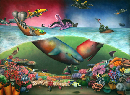 An abstract painting of aquatic wildlife with manmade structures at the surface of the water