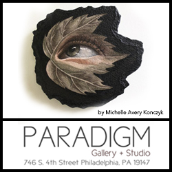 Paradigm Gallery logo with work by Michelle Avery Konczyk on top