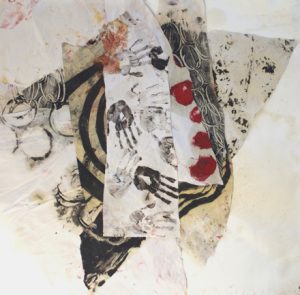 A painting of fabrics with inky handprints stamped on