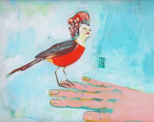 A painting of a bird with a human face perched on a hand