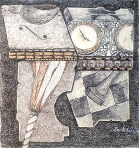 A drawing of an umbrella, the edge of a violin, clocks, and a chess piece