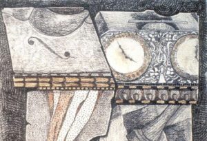 A drawing of an umbrella, the edge of a violin, clocks, and a chess piece