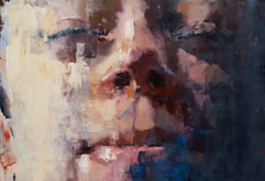 A close-up painted portrait of a man's face