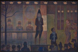 A painting of a ringleader at a circus