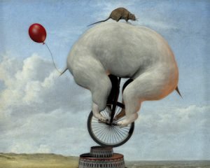 A digital painting of an elephant-like creature with no head riding a unicycle