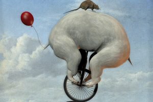A digital painting of an elephant-like creature with no head riding a unicycle