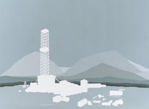 A painting of a mountain landscape, with the white outline outline of an oil rig in the foreground