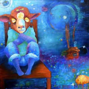 A colorful painting of a lamb sitting in a chair