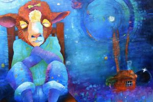 A colorful painting of a lamb sitting in a chair