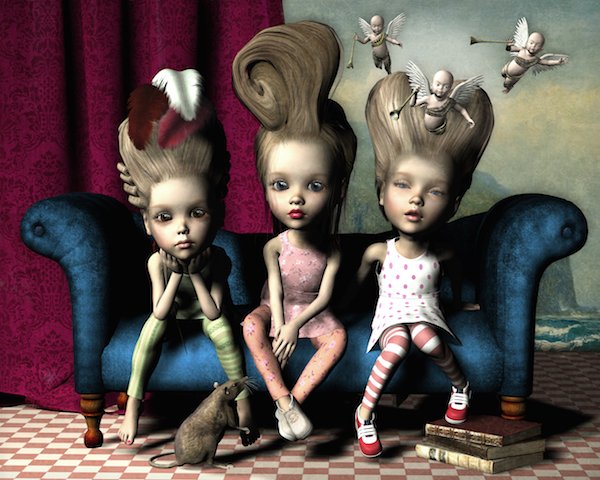 A digital painting of three young girls sitting on a couch