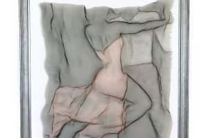 A wire mesh painting of two people in a ballroom dance
