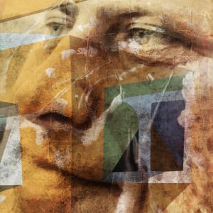 A digital collage making up the close-up portrait of a man's face