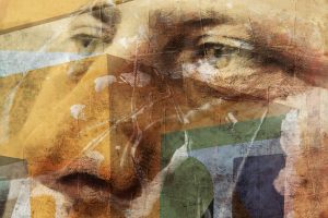 A digital collage making up the close-up portrait of a man's face
