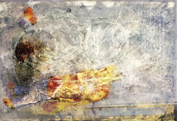 An abstract painting of mostly grays, with a fiery yellow and red section near the bottom