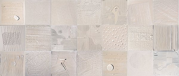 A white collage of square patterns in plaster accentuated by pearls