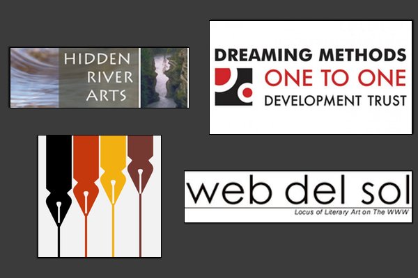 A selection of logos of writing resources, including dreaming methods, web del sol, and hidden river arts