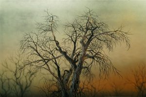 A painting of a group of dead trees with an orange and yellow background