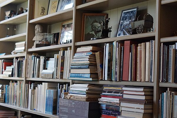 Bookshelves filled with books, frames, and figurines