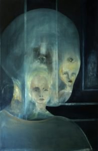 A shadowy painting of a ghostly figure with other faces inside its face