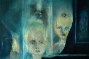 A shadowy painting of a ghostly figure with other faces inside its face