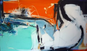 An abstract painting featuring large blocks of teal, orange, and white