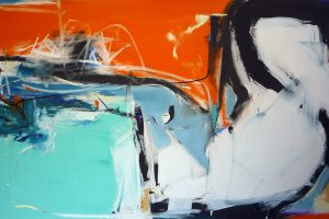 An abstract painting featuring large blocks of teal, orange, and white