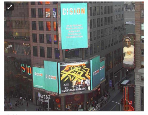 An advertisement for artist Santiago Ribeiro on a Times Square sign