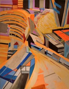 An abstract painting of a path and houses