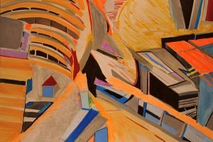 An abstract painting of a path and houses