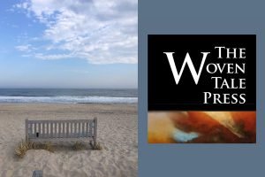 The view of a Hamptons beach, with a bench on the sand overlooking the ocean