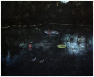 A watercolor painting of a pond with lilypads at night