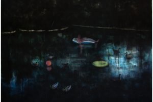 A watercolor painting of a pond with lilypads at night