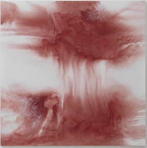 An abstract red and white painting