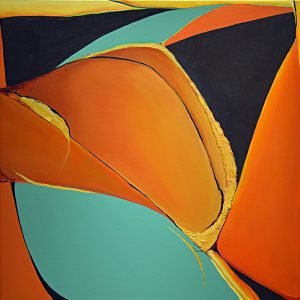 An orange, navy, and teal oil painting by Catherine Spencer